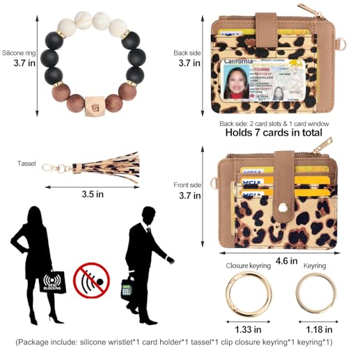 COOLANS Silicone Bracelet Wristlet Wallet Credit Card Holder RFID ID Window Key Ring Tassel Slim Wallet Women Keychain Purse - color: Brown Leopard