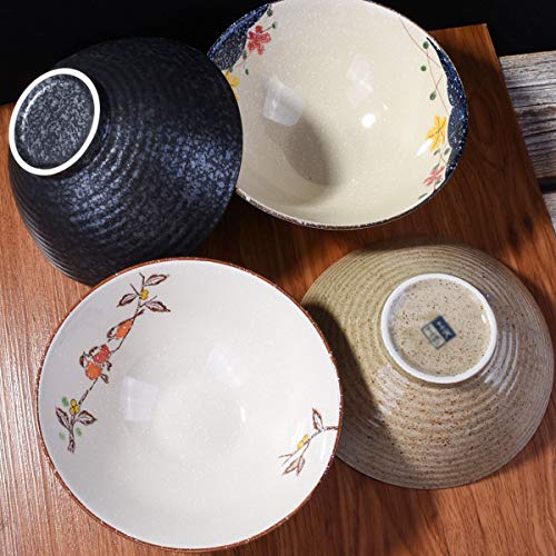 Ceramic Ramen Bowl Set of 4, 8'' Retro Soup Bowl with Floral & Fish Design - color: SZ
