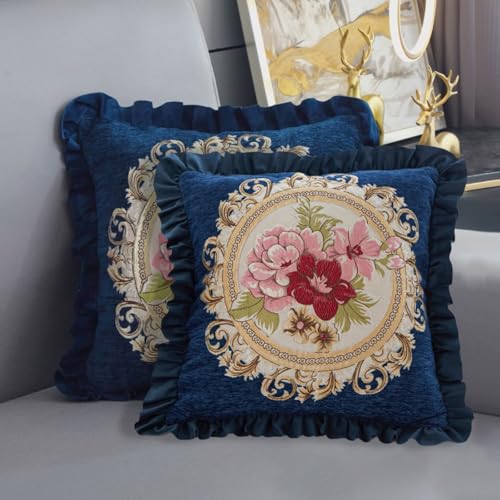 Set of 2 Vintage Blue Pillow Covers 18x18in for Sofa Couch,Blue Embroidered Pillows Covers for Living Room, Floral Embroidered Cushion Cover for Bed - color: Blue