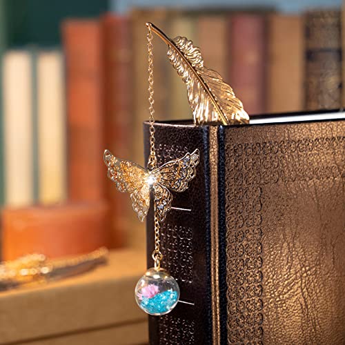 Toirxarn Metal Feather Bookmark, Back to School Teacher Gift for Women - color: Feather Gold - Light Blue Crystal With Pink Flower