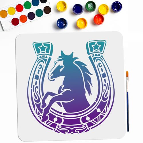 MAYJOYDIY Large Horseshoe Stencil 11.8×11.8inch Retro Horse Horseshoe Stencils with Paint Brush Western Horse Stencil Templates for Wood Wall Furniture Canvas Decor - color: Large Horseshoe