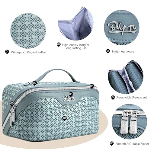 BOYATU Travel Makeup Bag for Women: Four Leaf Clover 3 Pcs Set Cosmetic Bag - color: M-04Light Blue