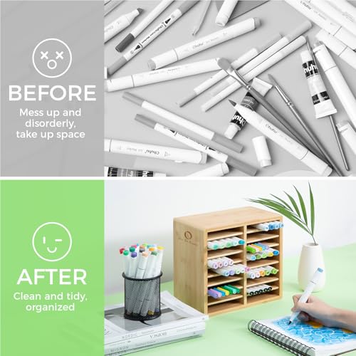 Ohuhu Bamboo Marker Organizer, Wooden Desktop Storage Holds 126 Markers - style: Rounded Corner Hold 126 Markers
