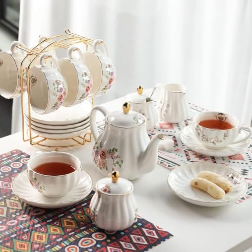 Sweejar Porcelain Tea Sets British Royal Series, 8 OZ Cups & Saucer Service for 6, with Teapot Sugar Bowl Cream Pitcher Teaspoons and Tea Strainer, Suitable for High Tea, Wedding, Party（Beige） - color: Beige