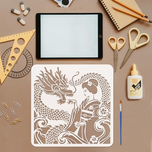 FINGERINSPIRE Japanese Geisha Painting Stencil with Brush 11.8x11.8inch Plastic PET Wave Dragon Drawing Template Decorative Hollowed Oriental Theme Stencil for Painting on Wood Canvas Fabric Clothes - style: Japanese Geisha