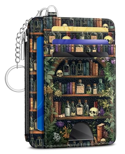 Kelvoris Credit Card Holder Small Wallet Women, Slim RFID, Goth Bookshelf - color: Book Skull