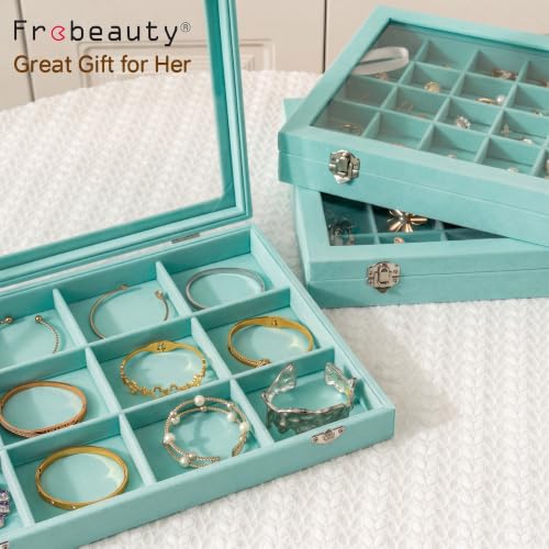 Frebeauty 12 Grid Bracelet Holder Box,Velvet Jewelry Tray with Clear Lid - color: Turquoise, size: 12 Grid