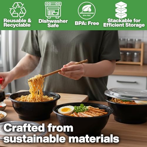 Disposable Noodle Bowls with Lids – 42 oz Microwaveable Ramen & Soup Containers, Leak-Resistant, BPA-Free, Stackable Food Storage for Restaurants & Takeout – 40 Sets, Black - color: Black, size: 42oz