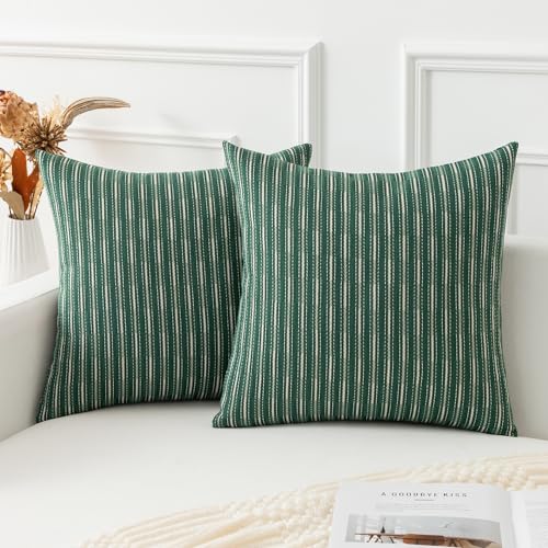 Kevin Textile 18x18 Pillow Covers, Boho Woven Texture Square Throw Pillow Covers Set of 2, Linen Decorative Burlap Pillow Cases for Couch Bedroom Living Room, Dark Green - color: A-dark Green, size: 18" x 18" (Pack of 2)