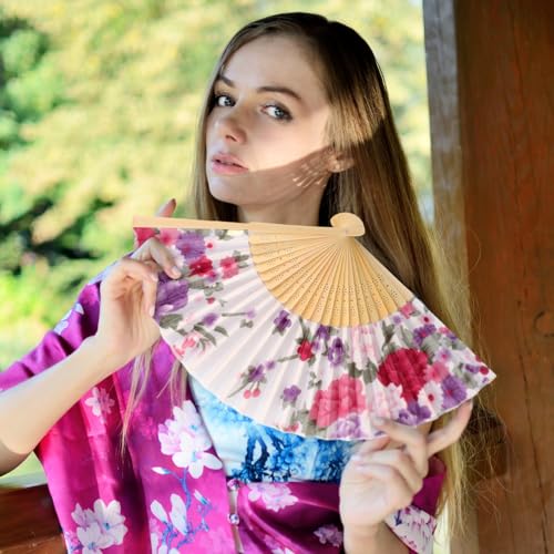 Zonon 4 Pack Hand Held Folding Fans for Women Silk,Spring Flowers - style: Spring Flowers