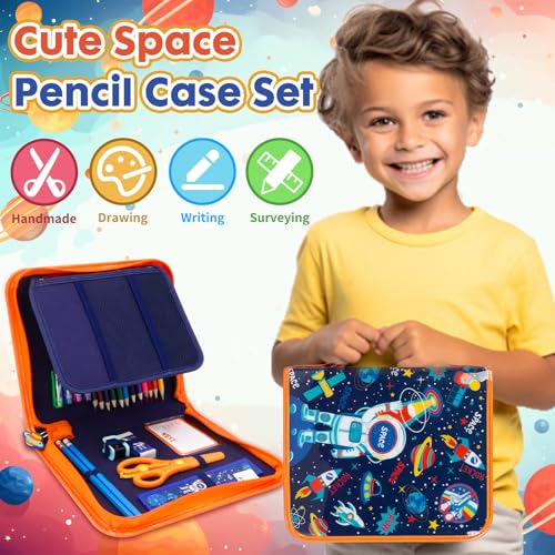 Washable Markers Set with Glitter Pencil Case, Art Supplies for Kids Ages 4-6-8, Arts Crafts Travel Coloring Kit for Boys 4 5 6 7 8 Year Old Birthday Gifts - color: Space