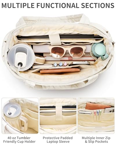 Bagstellar Puffer Tote Bag for Women, Lightweight Puffy Travel Gym Work Bag - color: Cream
