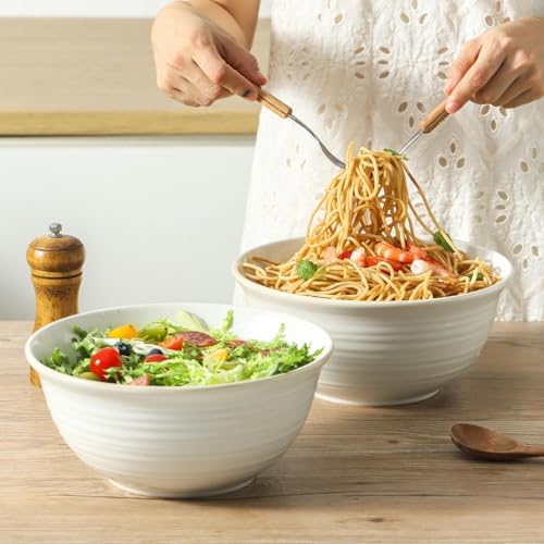 Hasense Serving Bowls, 9 Inch Ceramic Salad Bowls for Kitchen, 84 Ounce Mixing Bowl for Soup Pho Pasta Popcorn, Dishwasher & Microwave Safe, Set of 2(Clay-Infused White) - color: Clay-Infused White, size: 84 Ounce