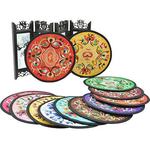 Zhiheng 10 Pack Vintage Ethnic Fabric Coasters Floral Embroidery Cloth Coasters Round Coffee Cup Mat Drink Tableware for Housewarming Party Table Home Decorations (Green) - color: Green