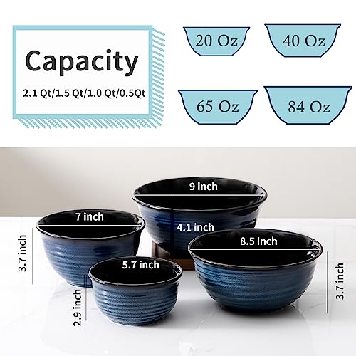 HASENSE Mixing Bowls for Cooking, Baking, Ceramic Serving Dishes Set of 4 for Salad, Fruits, Popcorn, Versatile Nesting Bowls for Housewarming Gift, 2.1/1.5/1.0/0.5 Qt, Dishwasher & Microwave Safe - color: Blue, size: 20+40+65+84 Ounce