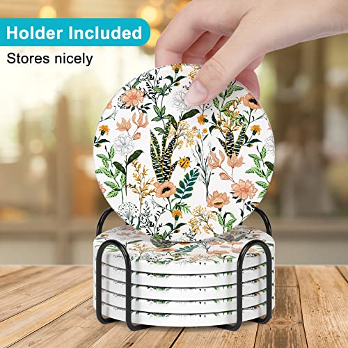 Coasters for Drinks, Set of 6 Cute Absorbent Ceramic Drink Coasters - color: Flower Illustration 02