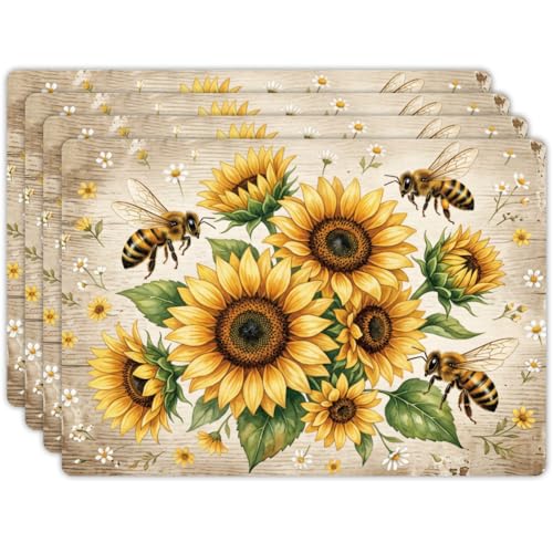 Peacoblue Placemats Set of 4,Faux Leather Sunflower and Bee Design - style: Sunflower and Bee