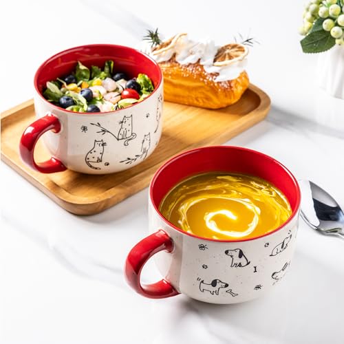 AmorArc 24 Ounces Ceramic Soup Mugs with Lids and Handle, Stoneware Bowls Cup Set of 2 for Soup, Stew, Noodle, Beautiful Mug Bowls With Lovely Dog,Cat Patterns, Microwave&Dishwasher Safe,Red - color: Red, size: 24oz