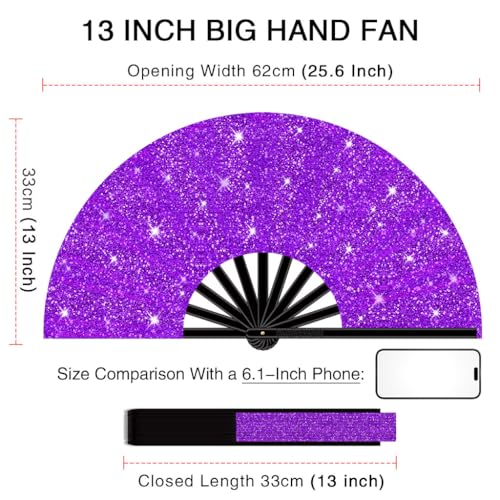 13" Large Folding Rave Fan with Holster, Clack Hand Fans Foldable for Line Dancing for Women Men Festival EDM Party Decoration, Glitter Purple 2 Pack - color: Glitter Purple