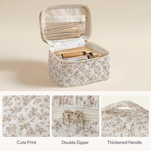 HBselect Quilted Makeup Bag, 3Pcs Cotton Large Travel Makeup Bags Organizer - color: A-3PCS-Floral 23