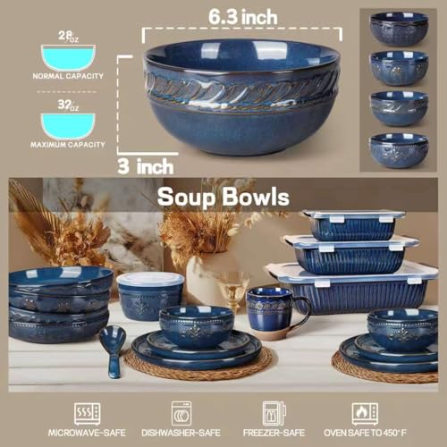 Artena Soup Bowls 32 OZ, Cereal Bowls Set of 4, Embossment Ceramic Ramen Bowl for Salad, Dinner, Pho, Noodle, Pasta, Snacks, Dishwasher Microwave Safe, 6.3 Inch, Willow Leaf, Blue - color: Blue (Willow Leaf), size: 32 OZ