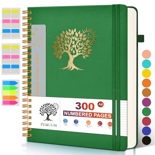 PERCUN Spiral Notebook 300 Numbered Lined Pages Hardcover Journal 8.5"x11" - color: Green, size: A4 size (8.5in x 11.5in)