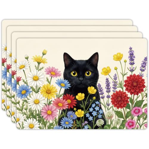 Peacoblue Placemats Set of 4,Faux Leather Cat in the Flowers Design - style: Cat in the Flowers