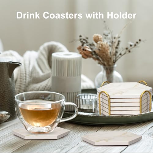6 Pcs White Marble Coasters Set with Holder Hexagon Ceramic Drink Coaster - color: Beige