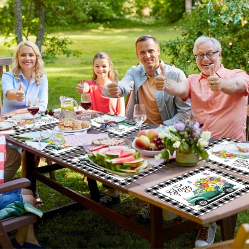 Happy Spring Placemats Set of 6 Black White Plastic Table Mat 17×13×0.04in - style: Flowers Trucks