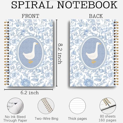 Chinoiserie Floral Goose Notebook, Goose Animal Lover Gifts Journal for Kids Girls, Blue and White Grandmillennial Geese Hardcover Spiral Notebooks Journals 5.5x8.3 Inch - color: blue goose