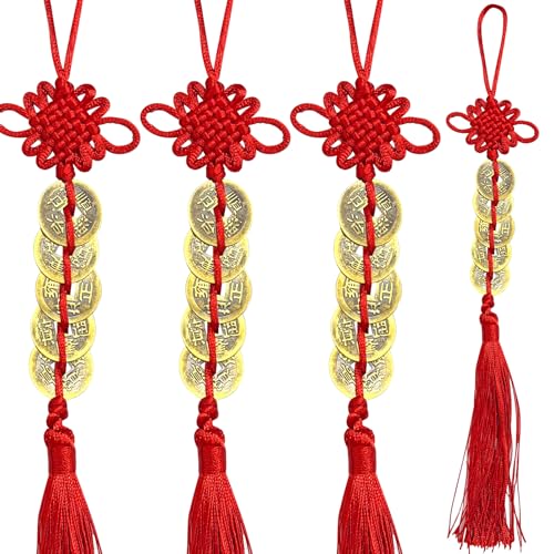 Feng Shui Good Luck Charms, Red Knot Wall Hanging for Car,House,Office, Backpack, Key Chain, Wealth and Success Five Emperor Money(5coins) - 4pcs - color: Chinese Knot Five Emperor Coins Ornament 4pcs