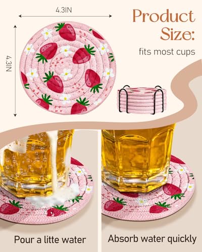Absorbent Cup Coasters Set of 6 with Holder, Strawberry Flower - color: Strawberry Flower