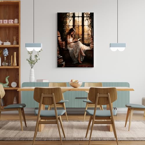 uoyien Vintage Victorian Girls Reading Portrait Canvas Wall Art Prints Dark Cottagecore Pictures Wall Decor Moody Bookish Paintings Artwork for Library Reading Room Bedroom 16x24in Wrapped Canvas - color: Brown, size: 16x24in Wood Framed