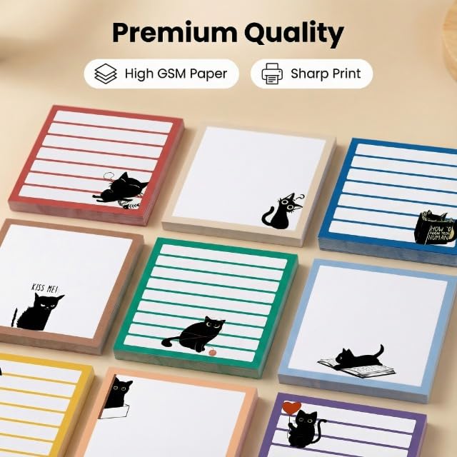 Cute Sticky Notes 9 Pack, 3x3 Inch Adhesive Memo Pads 450 Sheets, Lined and Blank, Kawaii Kitten Stationery, Funny Cat Lover Gifts for Women, Office Desk School Supplies - color: Classic Black Cat