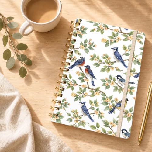 Blue Bird Lined Spiral Notebook, Pretty Hardcover Journal 6'' x 8.4'', Floral Notebook for Women, Work, Writing, Note Taking, Journaling Gift - color: Flower Bird