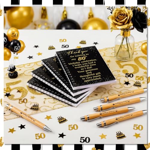 Resurhang 12 Sets 50th Birthday Notebook 50th Birth Gifts 5.5 x 4.3'' Black and Gold Spiral Notebook Ballpoint Pens for 1976 Birthday Party Supplies - style: 50th Birthday