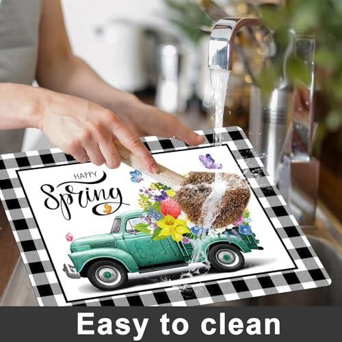 Happy Spring Placemats Set of 6 Black White Plastic Table Mat 17×13×0.04in - style: Flowers Trucks