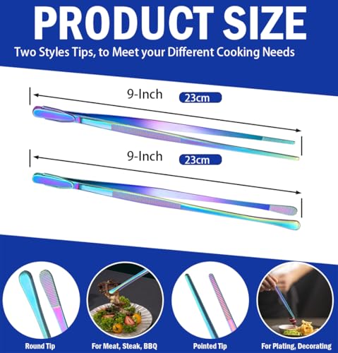 JETKONG 2 Pcs 9-Inch Culinary Tweezers Food Tweezers Kitchen Tweezer Tongs for Cooking (Rainbow) - color: Rainbow, size: 9+9 Inch