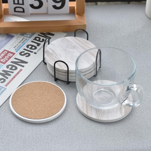 6Pcs Absorbent Coasters Set with Holder,Ceramic Drink Coaster,4 in（A1） - color: Marble Style