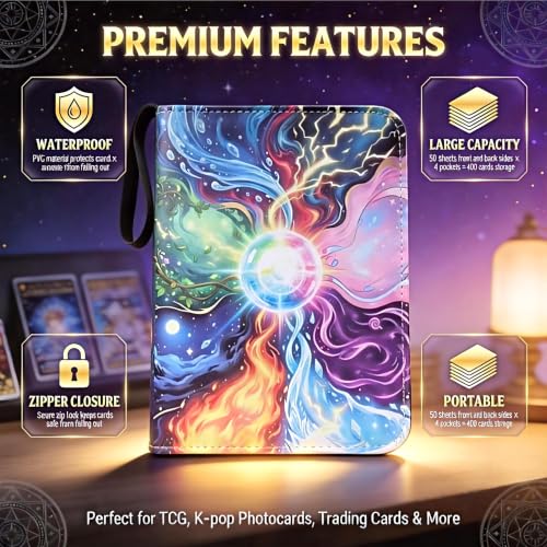 4 Pockets Card Collection Binder with 400 pocketsCapacity -Eight Sprite Evolution Element Backgrounds, Ideal for Photocard & Trading Card Storage - color: Colorful