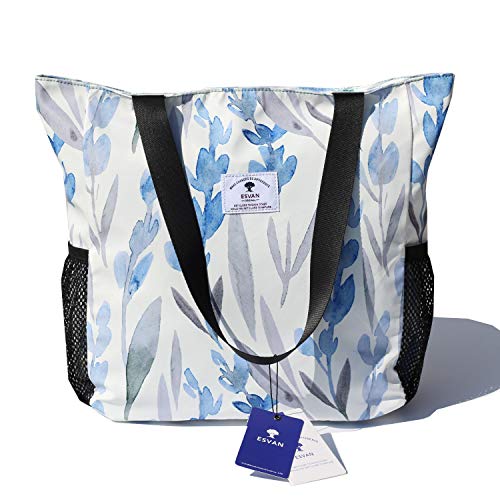 ESVAN Original Floral Water Resistant Large Tote Bag Shoulder Bag for Gym Beach Travel Daily Bags Upgraded - color: [F] Floral Leaf