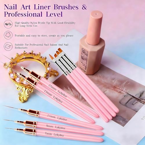 9Pcs Nail Art Brushes Set, 5 Pink Art Liners & 4 Multi-Shape Gel Brushes