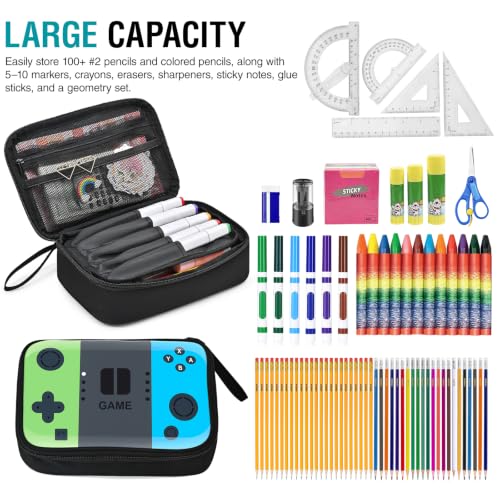 Large Pencil Box for Boys - Gamer Pencil Case Pouch with Zipper Compartment, Durable Wipable Fabric, Easy to Clean, Big Soft School Supplies Organizer Bag for Kids Grades 1-6 - color: Green & Teal