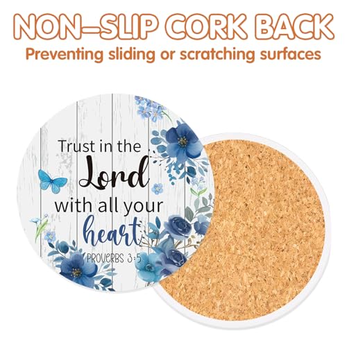 Christian Bible Verse Coasters Set of 6, Religious Round Ceramic Cup Coasters with Holder, Drink Absorbent Cork Base Table Desk Protection, Christian Home Decor Christmas Housewarming Gifts - color: Bible Verse Flower