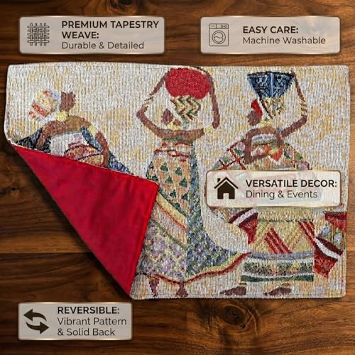 DaDa Bedding Dancing Women Tapestry Dining Table Placemats - Set of 4-Pieces Festive Celebrate Kwanzaa - Tribal African Tribal Culture - Decorative Cotton Linen Woven Kitchen Mats - 13” x 19” (18117) - color: Dancing Women