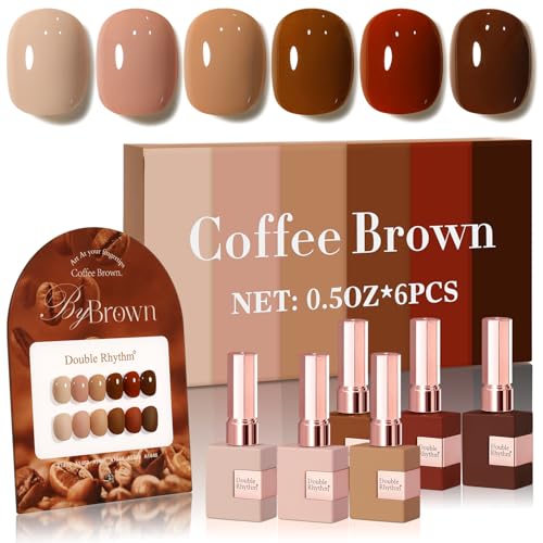 Double Rhythm 6 Pcs 15 ML Gel Polish Set Same Color Same Bottle Soak Off Gel Polish Kit Nail Art Manicure Salon DIY at Home for Women (Coffee Brown Nude Red Beige Pink-T6-5) - color: Coffee Brown