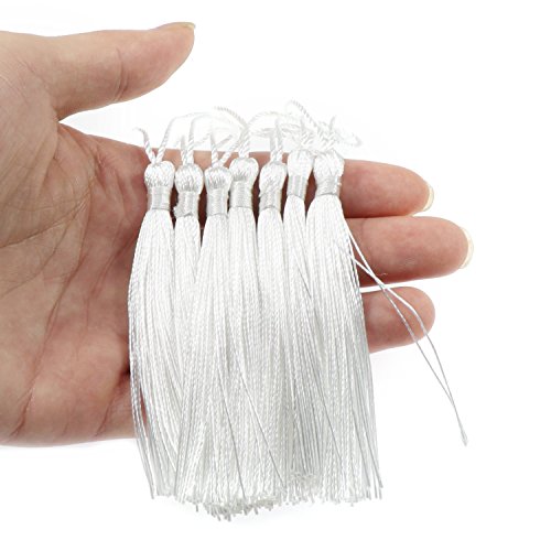 VAPKER 100 Pieces White Tassels 13cm/5-Inch Silky Handmade Soft Tassels Floss Bookmark Tassels with 2-Inch Cord Loop for Jewelry Making, DIY Projects, Bookmarks - color: I:white