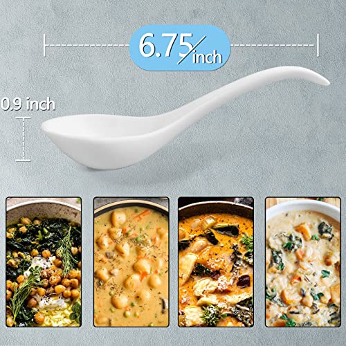 White Ceramic Soup Spoons Set of 6 - 6.75 Inch Chinese Ramen Spoons for Pho, Cereal, Noodles, Stews, Wonton, Dumpling, Miso - Deep Oval Hook Design, Dishwasher Safe - size: 6.75 inch - White