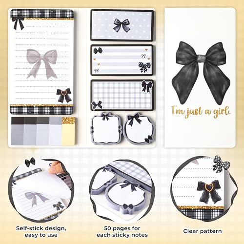 Xqumoi Coquette Black Bow Sticky Notes Set - I’m Just A Girl Self-Stick Note Pads Bowknot Notepads Writing Memo Pad Page Marker Bookmarker Preppy Girly Stuff Back to School Office Supplies Gift - color: 1pack-black Bow