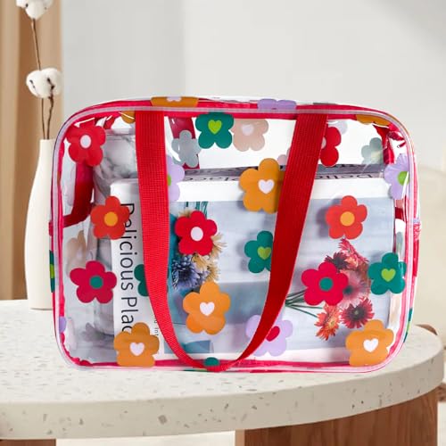 Clear Printed Floral Cosmetic Bag and 18x12x 5inch size Travel Pouch with Handle-Durable PVC Material,Versatile,Zipper Design Large Makeup bag for Women,Travel Essentials (Multifloral-L) - color: Multifloral-L